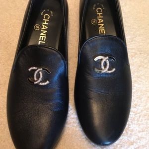 Chanel logo leather loafers